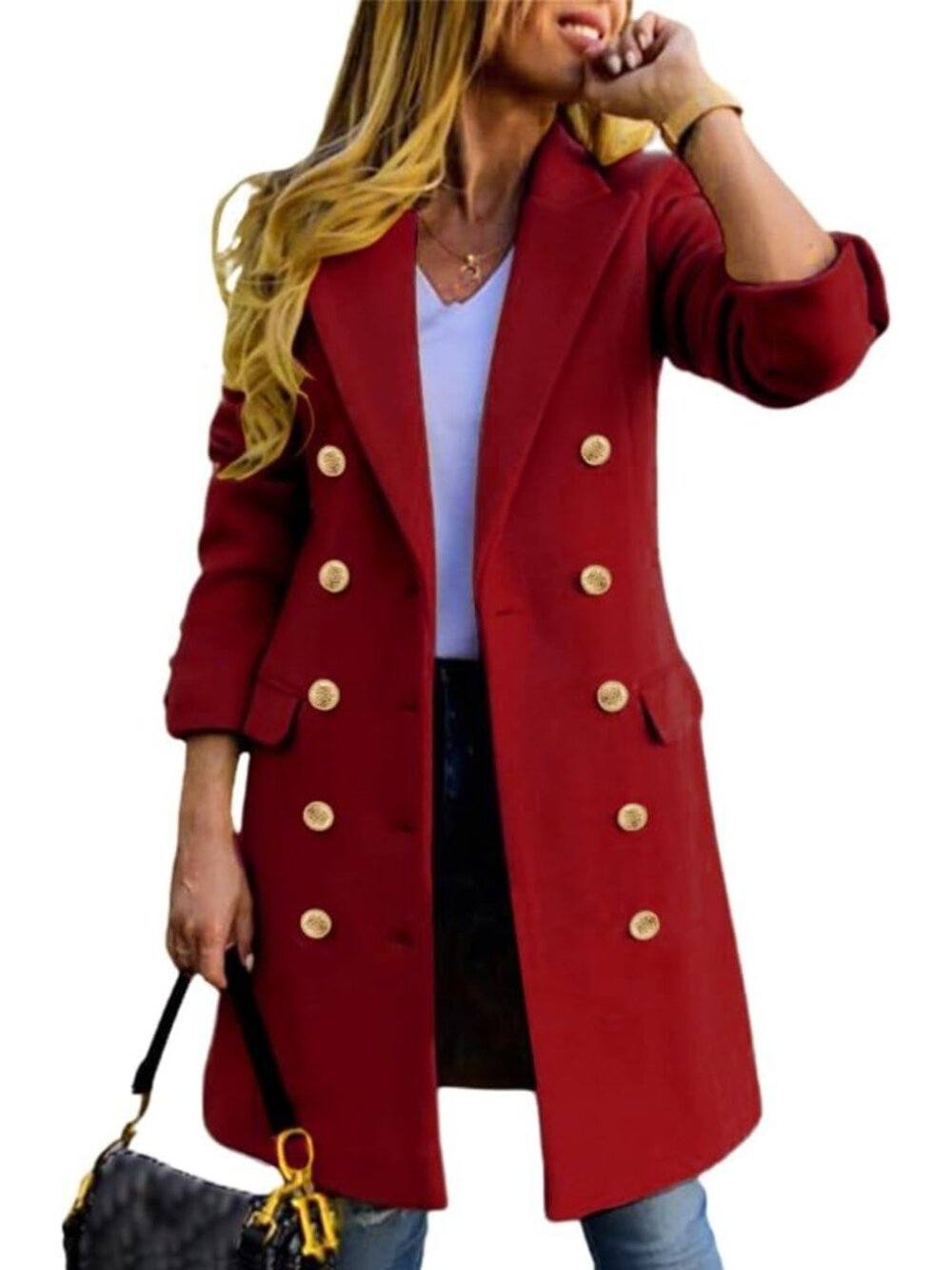 Women's Red Wool Blend Double Breasted Gold Buttons Fall Midi Long Trench Coat